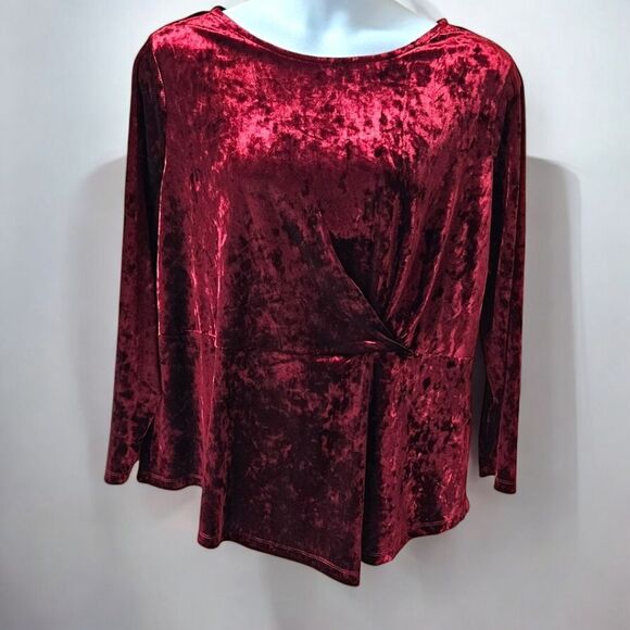 CJ BANKS PLUS SIZE Maroon LongSleeve Ruched Velvet Top 1X - Picture 1 of 16